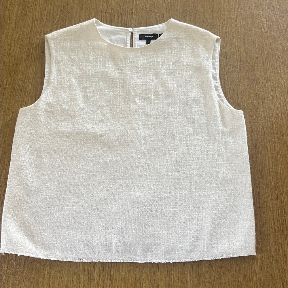 Theory Cream Linen Viscose Blend Textured Sleeveless Shell Top, Raw Hem, Sz L